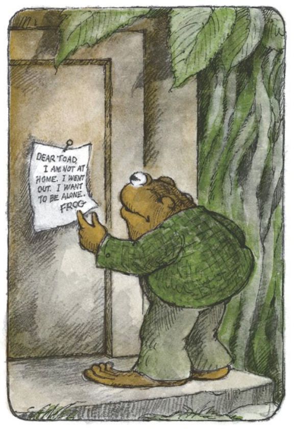 Toad stands on Frog's front door step, reading a note that Frog has left him.

From "Alone"
In *Days with Frog and Toad*