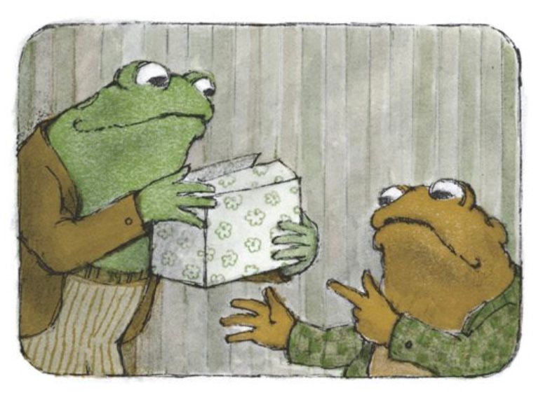Frog and Toad hide the cookies in a box.

From "Cookies"
In *Frog and Toad Together*