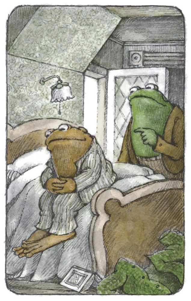 Toad sits glumly on his bed while Frog looks on.

From "Tomorrow"
In *Days with Frog and Toad*