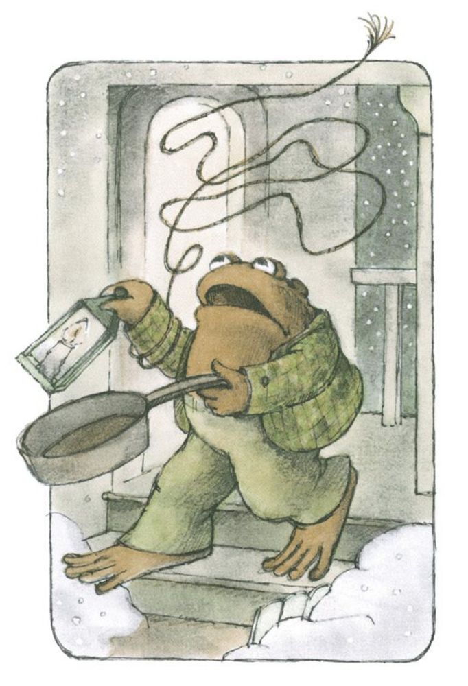 Toad runs out of his house, ready to save Frog. He's carrying a rope, a lantern, and a frying pan. Honestly, he looks a bit foolish.

From "Christmas Eve"
In *Frog and Toad All Year*