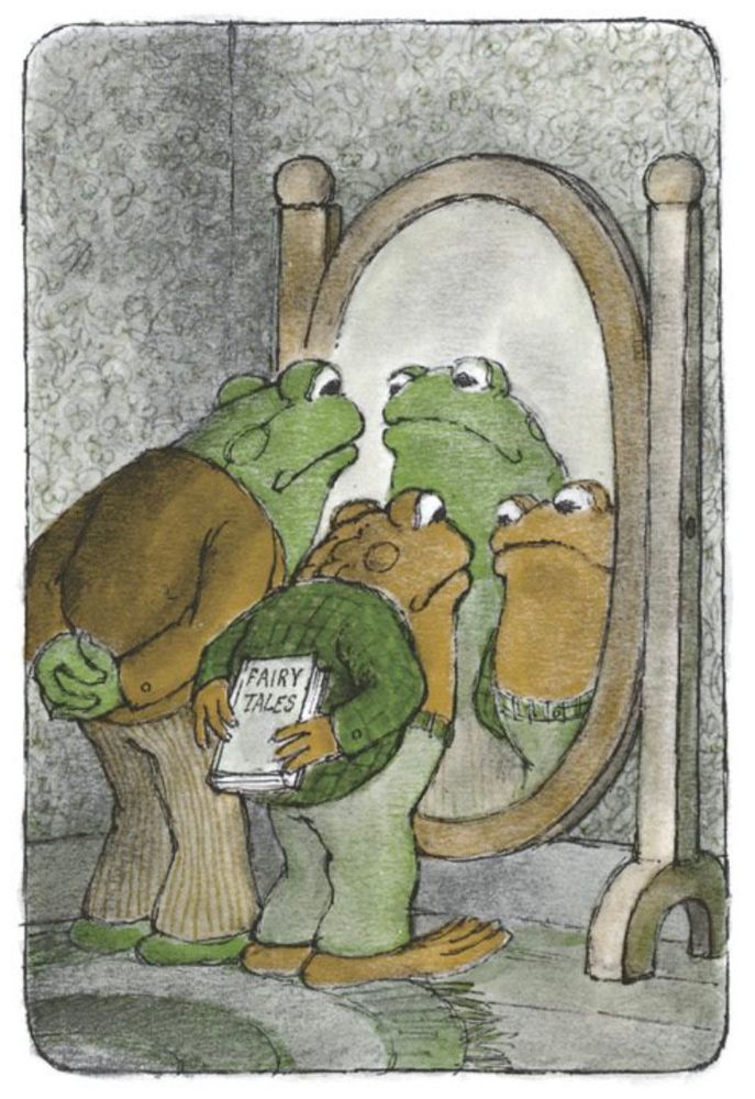 Frog and Toad gaze at their own reflections in a mirror. Toad holds in his hands a book titled "Fairy Tales."

From "Dragons and Giants"
In *Frog and Toad Together*