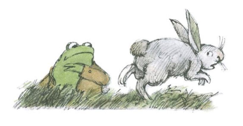 Frog crouches in the grass, observing as a rabbit bounds away—ears high, feet flying, and no time for chit-chat.

From "Ice Cream"
In *Frog and Toad All Year*
