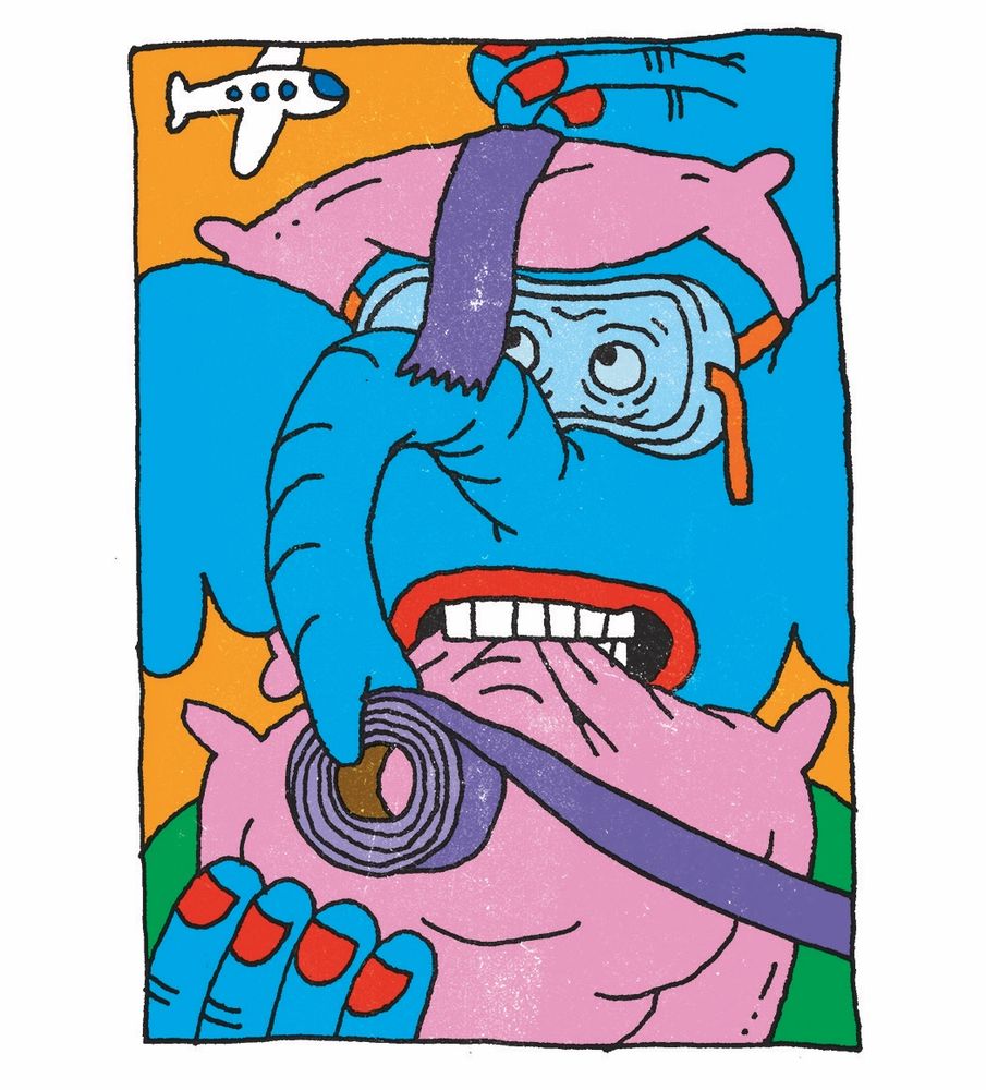 Drawing of a blue elephant wearing safety goggles frantically tapes pillows to their body while watching an airplane fly through an orange sky. 