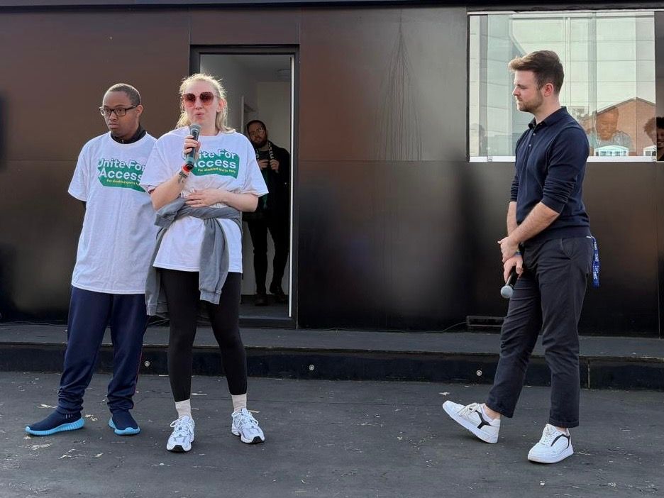 DSA Committee member Charlotte speaks about lpf's unite for access campaign in the fanzone today