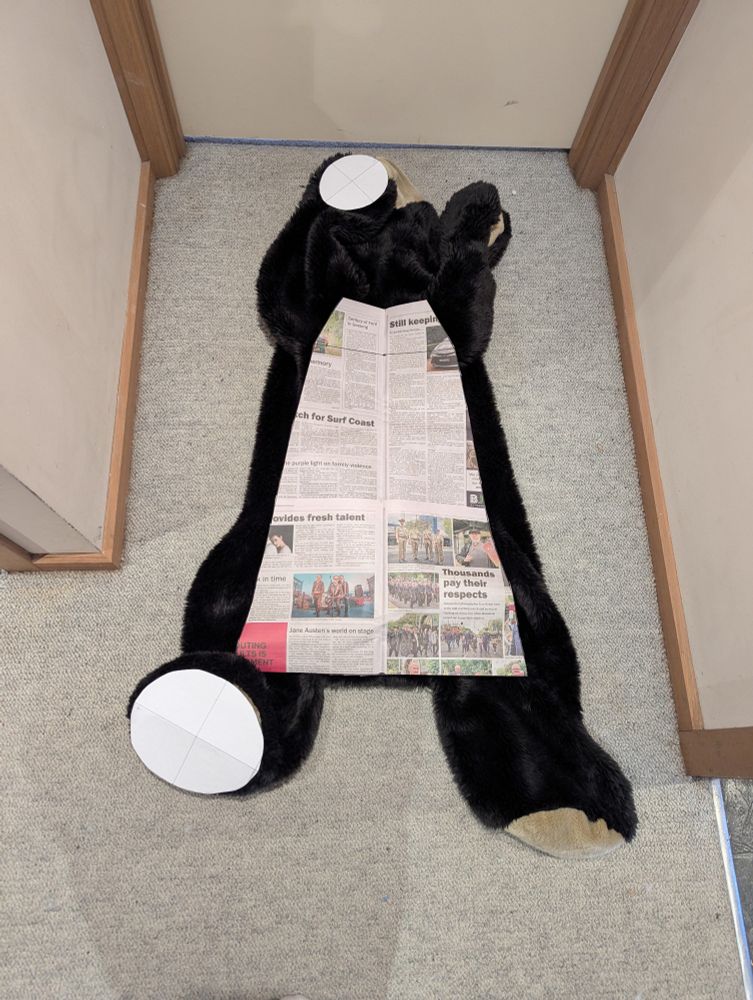 Unstuffed bear plush laid out on the ground with pattern shapes for the weight pouches laid on top of it. 