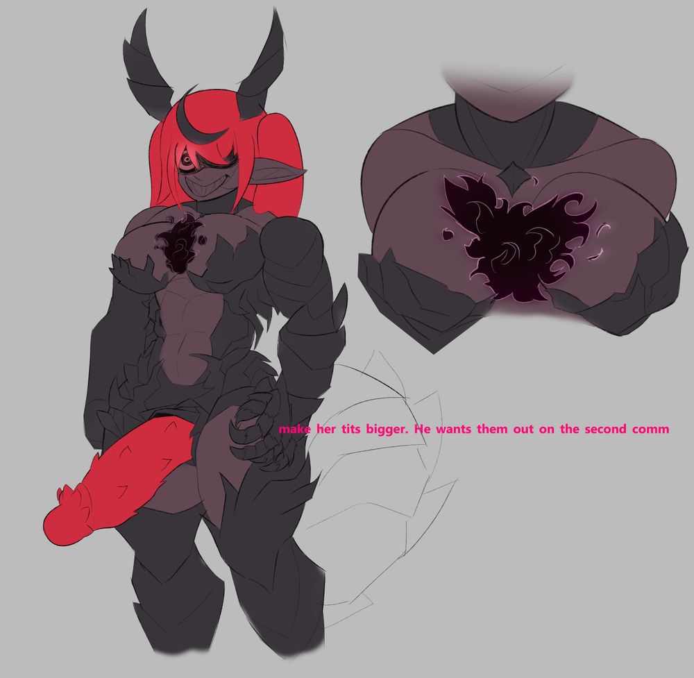 The sketch concept art for an futanari monster girl which the body is covered by amor-like spiked plates, letting exposed her dark brown, slightly purple thighs, abdomen, breast, shoulders and face. She has an sharp smile and only one red eye shining from under her red twintail hair with big spike horns comming from it's head. She also has an red long and spiked cock and a black flame comming out of her chest. The scribble of an big tail is vaguely seem behind her.
