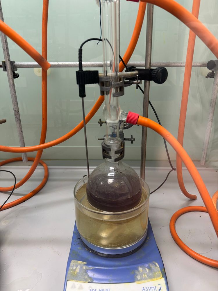 A brownish solution in a round bottomed reaction flask, set up for reflux, over a blue hot plate. 
