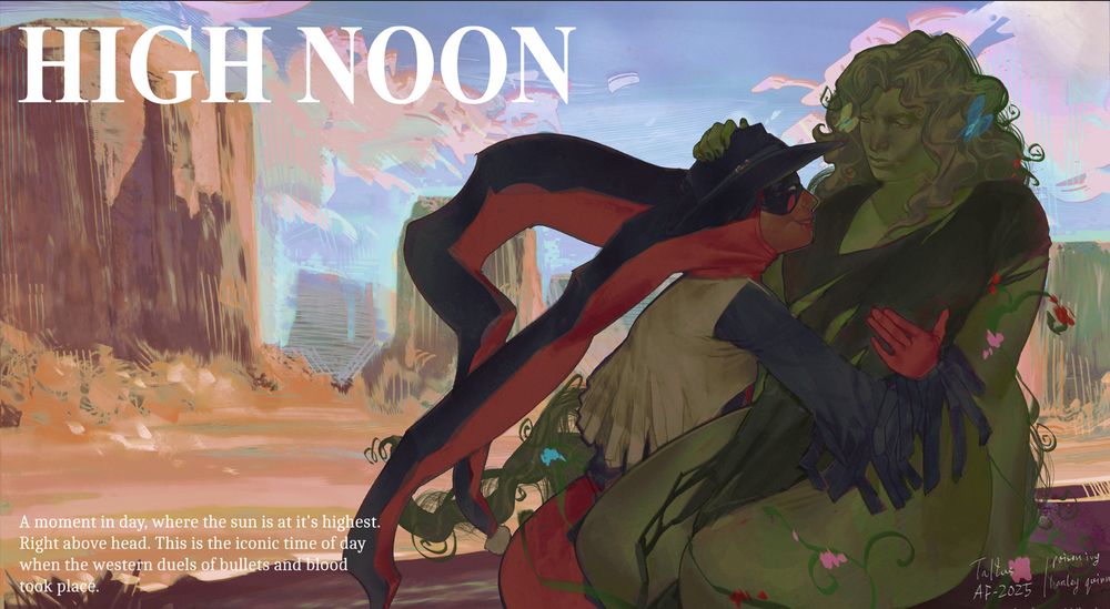illustration of a sapphic couple featuring harley quinn and poison ivy holding eachother in the foreground of a desert landscape 