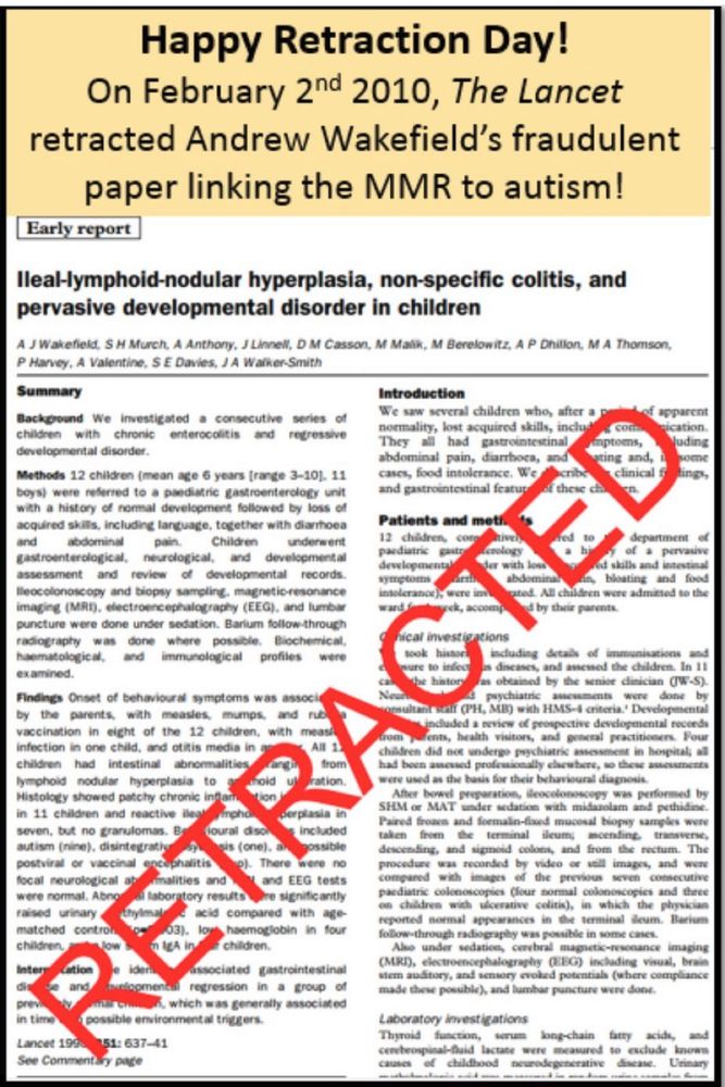 This is the front page of a fraudulent research article that purported to show a link between vaccines and autism. The word "RETRACTED" is written across it in large red letters. 

Wikipedia: On 28th February 1998, a fraudulent research paper by physician Andrew Wakefield and twelve coauthors, titled "Ileal-Lymphoid-Nodular Hyperplasia, Non-Specific Colitis, and Pervasive Developmental Disorder in Children", was published in the British medical journal The Lancet.[1] The paper falsely claimed causative links between the measles, mumps, and rubella (MMR) vaccine and colitis and between colitis and autism. The fraud involved data selection, data manipulation, and two undisclosed conflicts of interest.