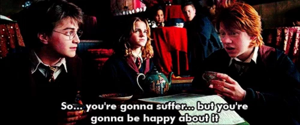 harry potter and ron weasley are sitting at a table and harry says so you 're gonna suffer ...