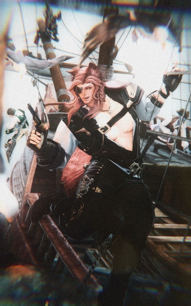 A pink haired miqo’te pirate hanging off of a mesh net attached to a sinking ship. It’s an action shot with a lot of unnamed npcs fighting in the background, some falling off the ship and some already in the water. The miqo’te has center stage in the picture, looking smug as he holds a gun with seagulls flying past to frame the image