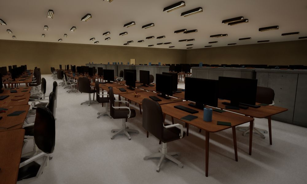 An open-space style indoor office, procedurally generated within Unreal Enging
