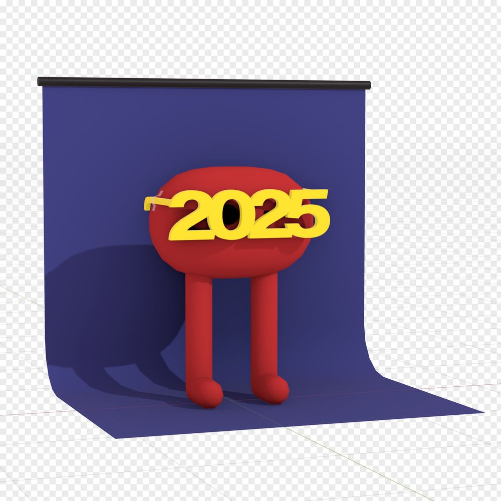 the character Piku from the video game Pikuniku wearing a pair of 2025 party glasses, posing in front of a blue backdrop
