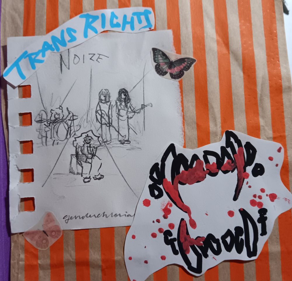 a scrap/sketchbook page with a doodle of a band. theres a smudged sketch of bloody fangs. theres a scrawled "trans rights" at the top of the page