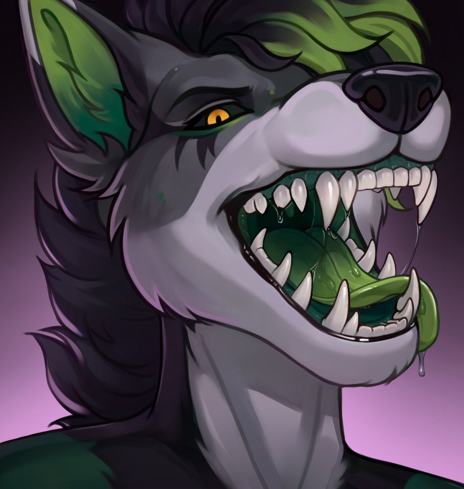 mawshot of an anthro wolf. He's got white maw and neck fur and gray face and ear fur. His hair is green and dark grey, earfluff and tongue is green. He's got yellow/orangeish eyes with black sclera and nose is black.

#furry #furryart #anthro