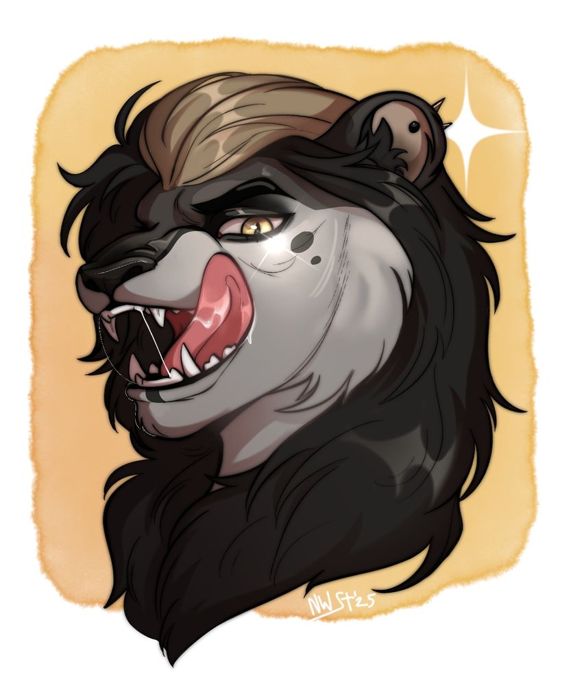 Portrait of Cato, an anthro lion, looking at the viewer, his tongue is out and is licking his upper maw in a hungry, almost lustful, expression