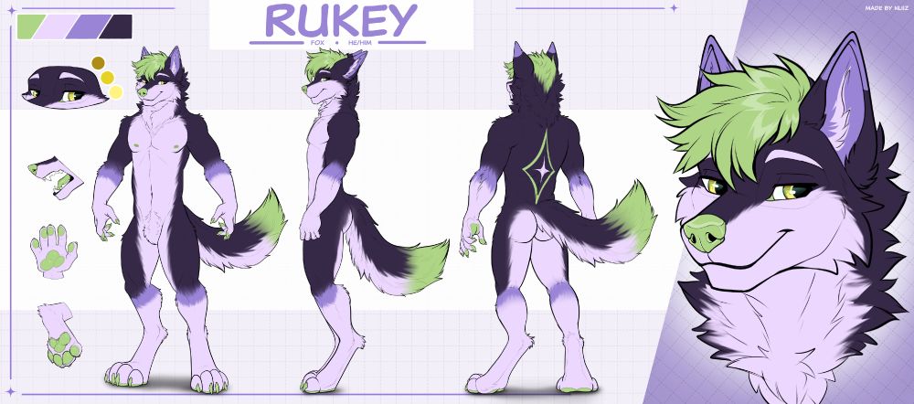 A reference sheet of my fursona Rukey. A fox with a dark and bright purple body. Green hair, tip of tail, nose, pawpads, and nails. He's got yellow eyes and a lavender like color as his ears and ringmarkings on legs and arms.