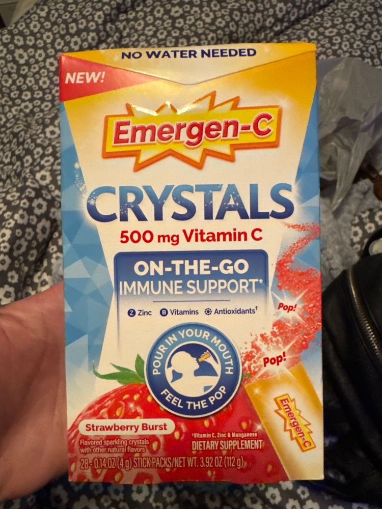 Photo of emergen-c popping crystals 500mg vitamin c on the go immune support. No water needed, “pour in your mouth and feel the pop” 