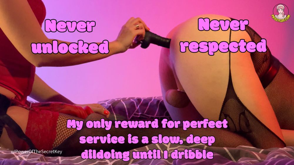 A feminized sissy is bent over on a bed in a black fishnet bodysuit, legs parted, clit caged helplessly. A dominant woman, dressed in red lingerie and fishnets, sits behind her and holds a thick black dildo, pressing it into the sissy’s exposed, needy hole. The sissy’s locked genitals are ignored, denied any use or pleasure—her only function now is to be opened, filled, and put on display. Pink and purple lighting makes everything feel even more surreal and degrading. Every detail screams surrender: stockings, locked flesh, and a woman in full control.

The embedded caption reads, “Never unlocked. Never respected. My only reward for perfect service is a slow, deep dildoing until I dribble.”