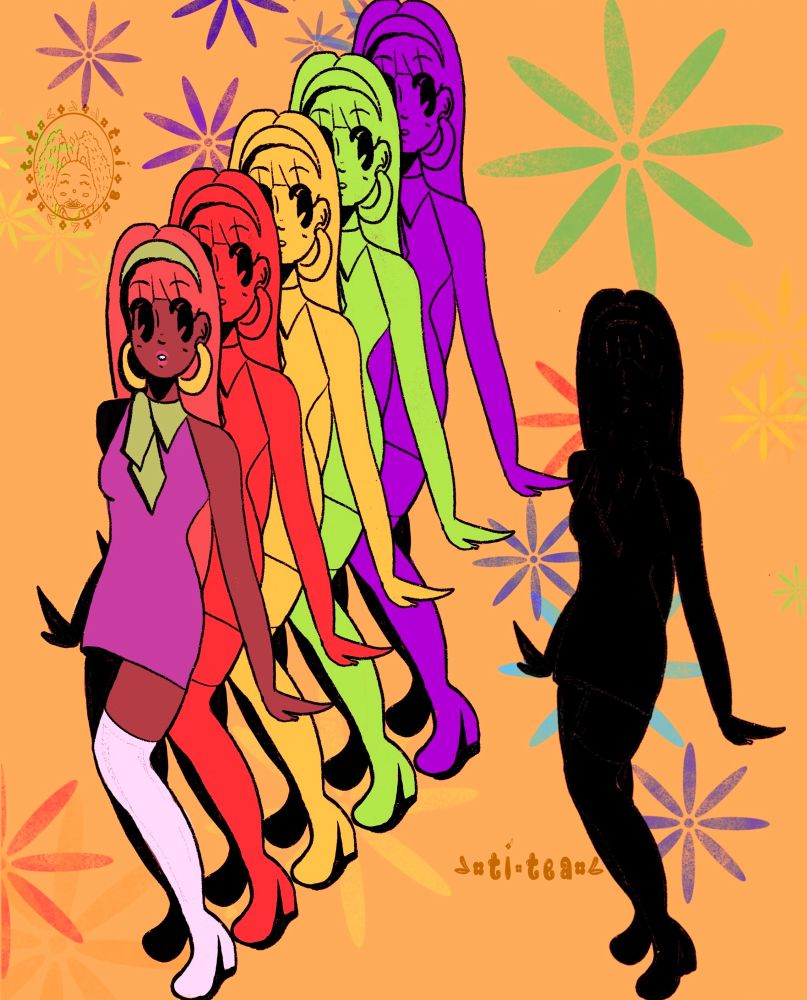 Daphne (Scooby Doo) is wearing a purple sleeveless body in dress, a green scarf around her neck,gold earrings, and knee high white gogo boots. Her orange hair is long and is held by a green headband with bangs in the front. Duplicates are behind her in a solid color range of either orange, yellow, green and purple. Thin flower petal shapes surround the image in colors of orange, yellow, green and purple. A black silhouette of her is to the right of the image.
