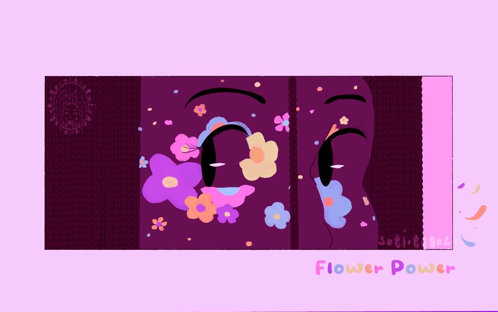 A drawing of a girl with painted flower makeup 