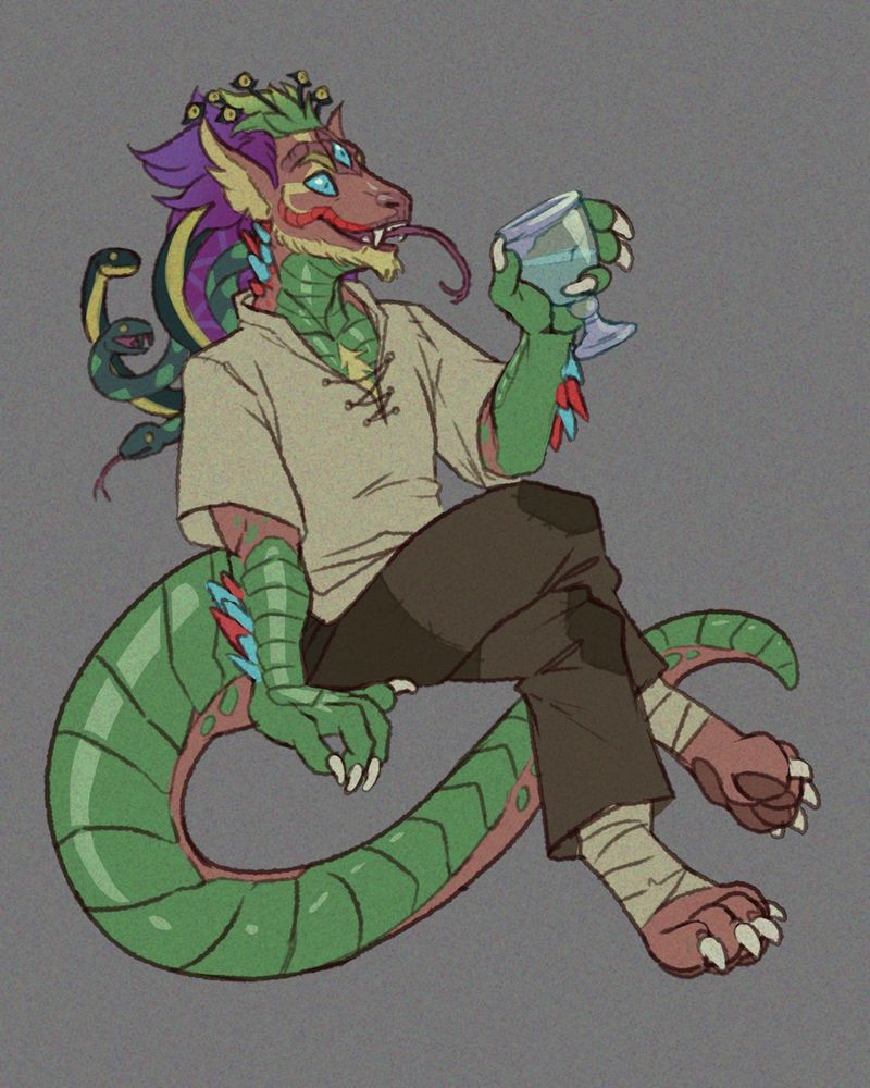 A ganzi protean lounging and sipping some wine.