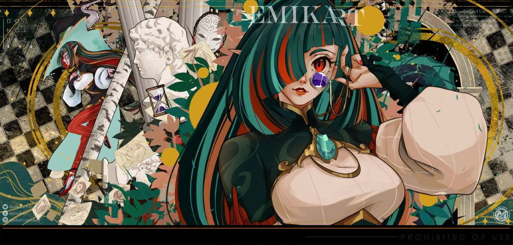 Illustration featuring my Vtuber Emika(dark green hair with stripes of red's, oranges and light teal. She has red eyes and a purple monocle), posing towards the viewer with various objects behind her. There are plants, golden circles, pillars, birch trees, waves, another illustration featuring the vtuber, sculptures, papers, hourglass, mask, backs of dragons, and a door that leads to the void.