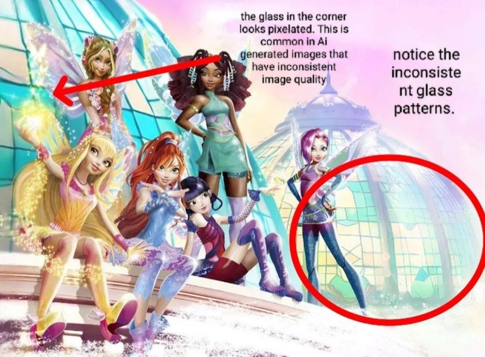 The winx promotional poster with a glass dome tower behind them that has clear inconsistent window beams only an A./I engine could make.