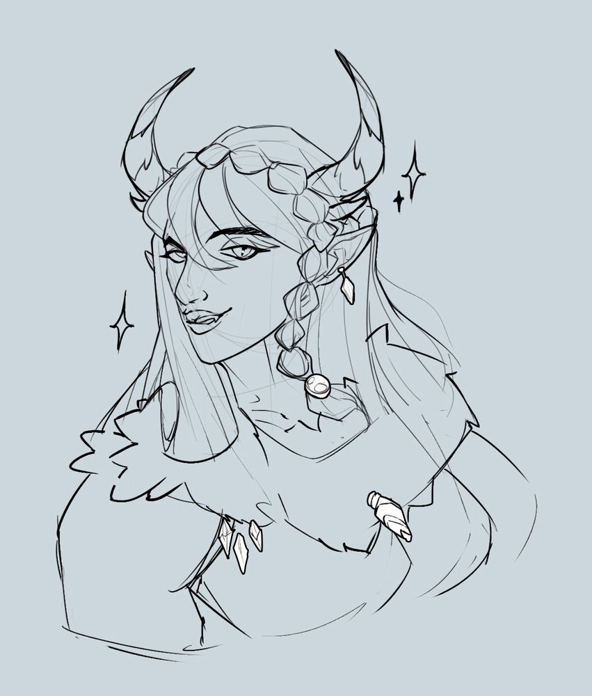 A sketch of a dragon lady named Ianthe. She has huge horns >:3 and is very VERY HOT.
