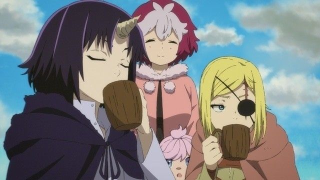 Characters pictured against a lightly clouded sky from left to right include: a character of indeterminate gender, purplish dark hair and a single short horn. They are drinking from a wooden mug. Next slightly behind them is a smiling woman with two tone pink/red hair and at her waist is a small child with bright pink hair. Lastly slightly in front of the 2nd character but behind the first and on the right is a blonde haired woman with a scar across her left eye which is covered by an eye patch, she is also drinking from a wooden mug.