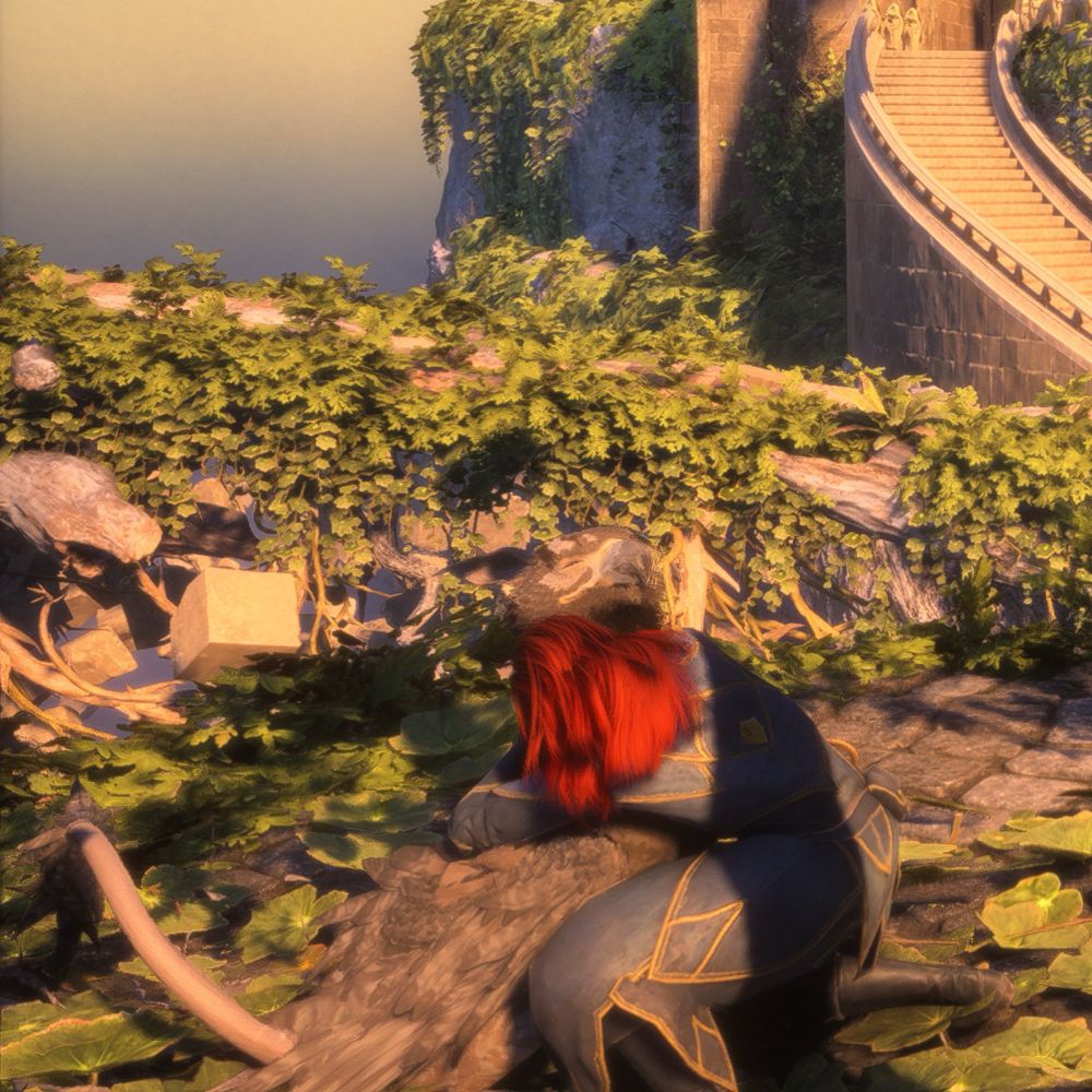 My Dragon Age character hugging a baby griffon