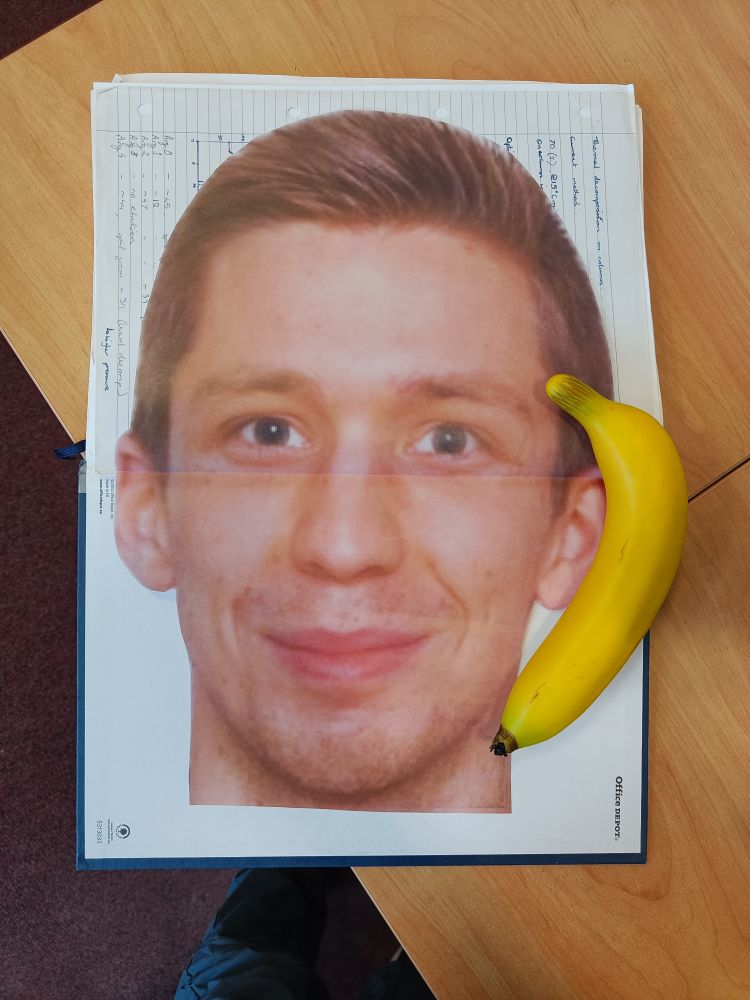 A picture of a man's face which is very rectangular. Next to a banana, for scale. 