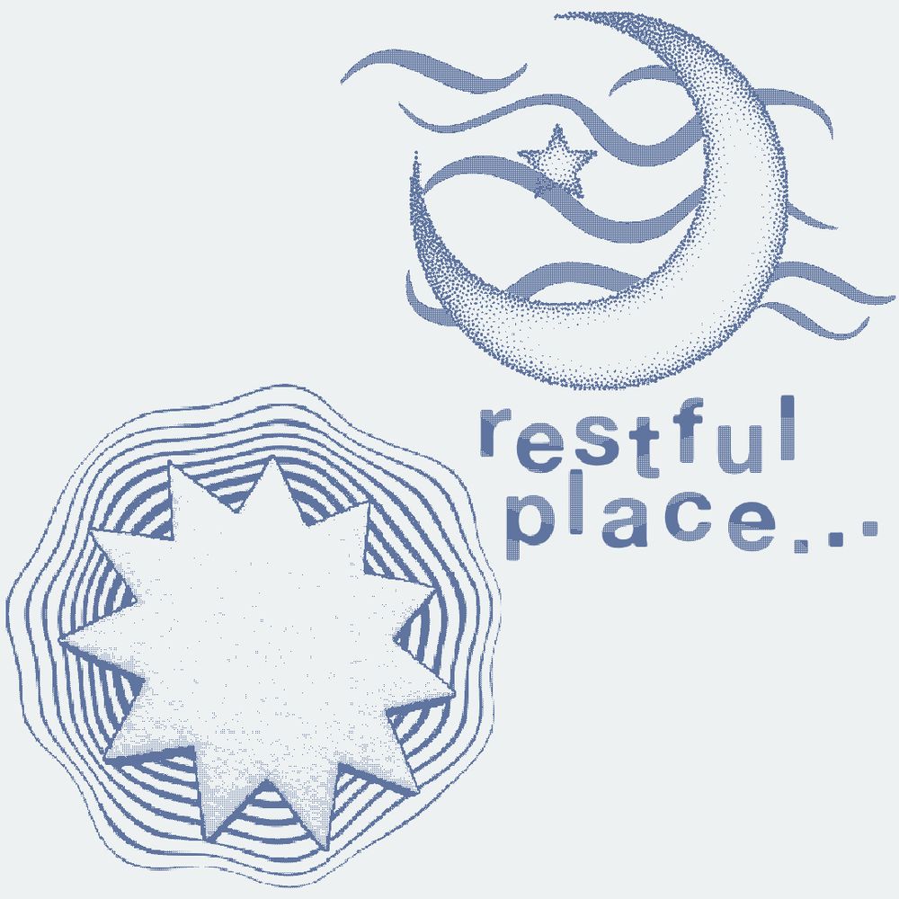 11 sided star and a crescent moon surrounded by oceans and waves, captioned with "restful place..."