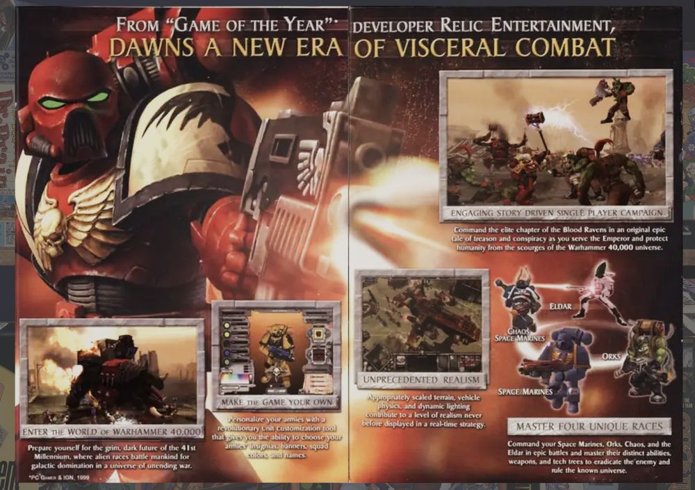 The box art for 2004 PC game Warhammer 40,000: Dawn of War (Gatefold Open)