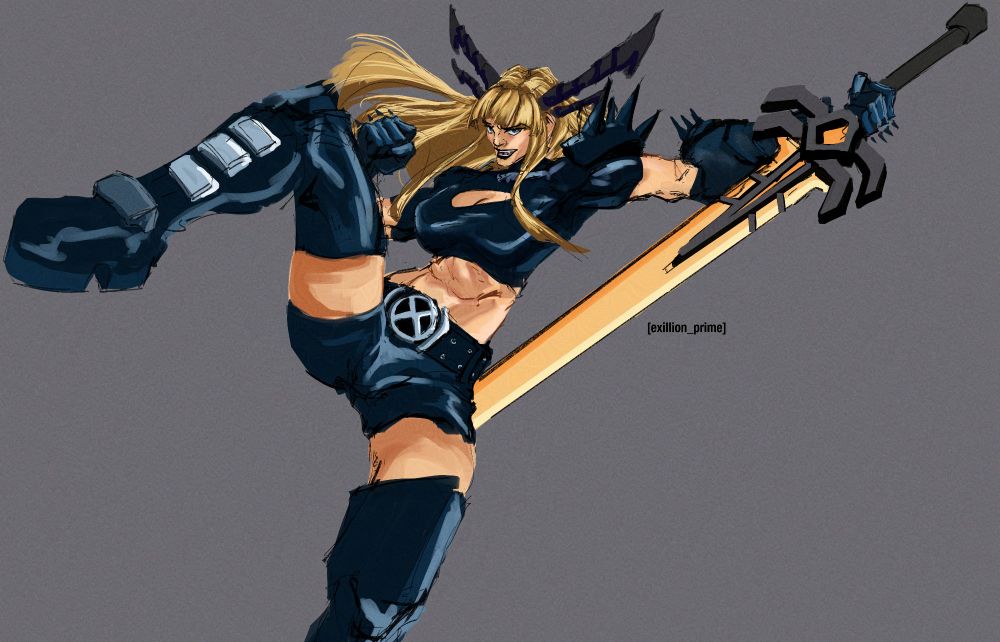 A blank backbround image with marvel comics x-men character Magik performing Sol Badguy of Guilty Gear's jump dust normal attack