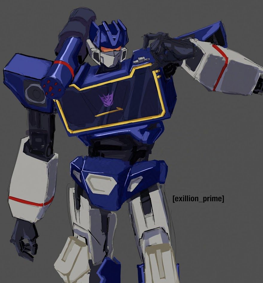 Soundwave is a mech from the series Transformers, he sports a pretty "boxy" frame. Rectangles make up his chest, shoulders, forearms, and legs, colored in an ivory white, almost navy blue and red stipes intermittently. 