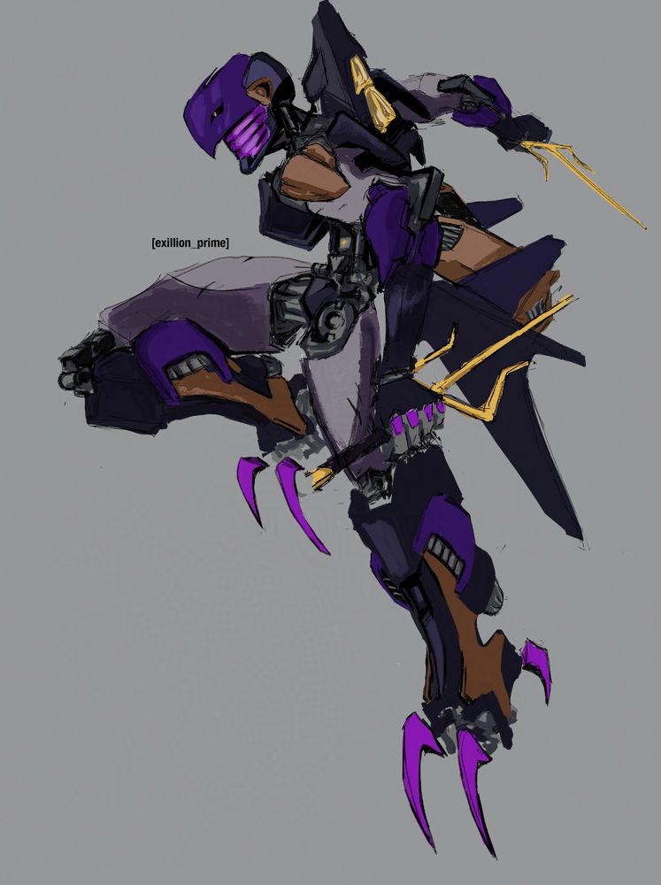 Got inspired by titanfall pilot design, specifically the character Ash and the jump pack booster stabilizer things that tend to sit near the lower back as opposed to a seeker like starscream who usually is shown with wings and other jet bits on the shoulders. I also wanted to lean more in to the avian aspect of her name so it's reflected in her design with a beak like face visor and prominent talons instead of more conventional mech feet.