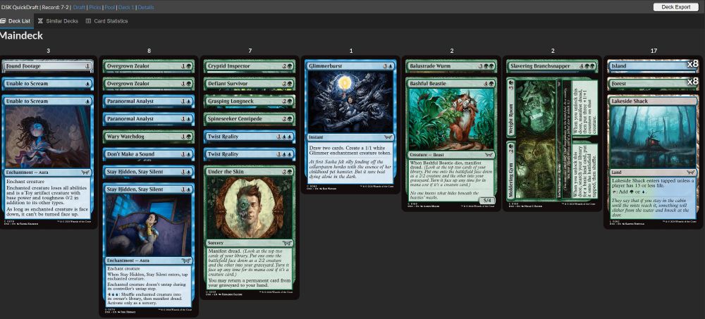 Decklist:

1 Don't Make a Sound
1 Glimmerburst
2 Paranormal Analyst
2 Stay Hidden, Stay Silent
2 Twist Reality
2 Unable to Scream
1 Balustrade Wurm
1 Bashful Beastie
1 Cryptid Inspector
1 Defiant Survivor
1 Grasping Longneck
1 Moldering Gym // Weight Room
2 Overgrown Zealot
1 Slavering Branchsnapper
1 Spineseeker Centipede
1 Under the Skin
1 Wary Watchdog
1 Found Footage
1 Lakeside Shack
8 Island
8 Forest
