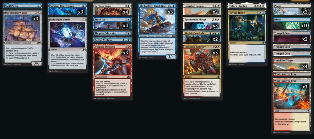 Deck
4 Sunbillow Verge (DFT) 264
10 Island (BLB) 266
3 Marketback Walker (DFT) 235
2 Guardian Sunmare (DFT) 15
1 Wind-Scarred Crag (FDN) 271
2 Riptide Gearhulk (DFT) 219
1 Spell Pierce (DFT) 64
1 Guidelight Matrix (DFT) 233
3 Spectral Interference (DFT) 63
1 Voyage Home (DFT) 227
4 Stock Up (DFT) 67
3 Spectacular Pileup (DFT) 29
3 Explosive Getaway (DFT) 202
2 Plains (BLB) 263
1 Tranquil Cove (DFT) 267
1 Valor's Flagship (DFT) 35
3 Mu Yanling, Wind Rider (DFT) 52
4 Perilous Snare (DFT) 23
1 Thopter Fabricator (DFT) 68
1 Aether Syphon (DFT) 38
3 Outpace Oblivion (DFT) 139
1 Tranquil Cove (FDN) 270
2 Tranquil Cove (MOM) 275
3 Wind-Scarred Crag (DFT) 271
