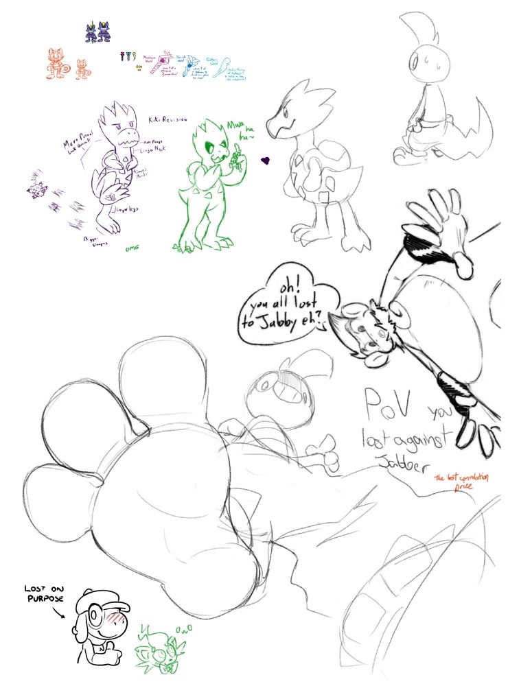 Sketches from Drawpile. [1]Some spritework for the Drawpile PMD. Sprites are a coin, Maximize Wand, Shrink Wand, Feather Wand, and the Meowth character Specter. (sprites by me) The larger sprite is the one I made (based on a sketch Rokko made), while the smaller sprite is one reworked by Ben to be more in scale with the sprites he made for the other characters. [2]Jabber as seen from the back, looking back slightly with caution.(drawn by Ben) [3]Sketches of the Togetic character Kiki. This is one of Xan's characters and his sketch features Kiki stomping on some micros (a Joltik & and a Popplio), as well as featuring design notes as this is to show a design revision he gave this character.(drawn by Xan). Notes are as follows: "KIKI REVISION: More Fangs, Longer Neck, Clawed Hands, Longer Legs, Bigger Stompers, More Primal Look Overall" [3a]Ben's drawing of Kiki, standing tall & confident. This angle also shows off Kiki's backpack. [3b]My drawing Kiki, menacing a shrunken Jabber by holding the minimized Scraggy to his smiling, fanged face. All while the micro Popplio from Xan's drawing is pinned underfoot. [4]"POV you lost against Jabber", a large sketch showing, well, a POV shot, from the POV of someone who's been shrunk and about to be smooshed under Jabber's looming foot.(drawn by Ben) [4a]The Monferno character Mango, drawn to the side, also from micro's POV. "Oh! You all lost to Jabby eh?"(drawn by Shiki) [4b]A written text-only note from Rokko. "The best consolation prize." [4c]A tiny headshot of JunZorua, looking up at Jabber's foot, blushing.(drawn by me) [4d]A tiny bust shot of Nostrem the Smeargle, giving a thumbs up. With a caption "Lost on Purpose."(drawn by Nostrem)
