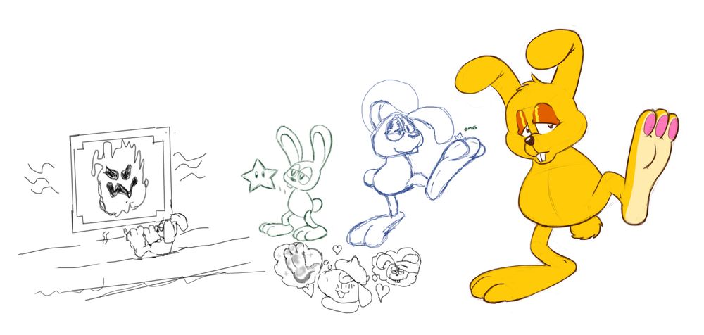 Sketches from Drawpile. [1]MIPS sitting in front of the Lethal Lava Land painting, warming his paws.(drawn by asuburb) [2]MIPS stands, and (armlessly) bestows a Power Star.(drawn by me). [3]MIPS holds up a paw, with a tiny Power Star held between his toes.(drawn by dAVe) [4]MIPS holds up a paw. This artwork is done in full-color.(drawn by GuineaPigDan) [5]Spuzzy the Smeargle imagines both giving MIPS headpets and of MIPS having sparkling feet.(drawn by asuburb)