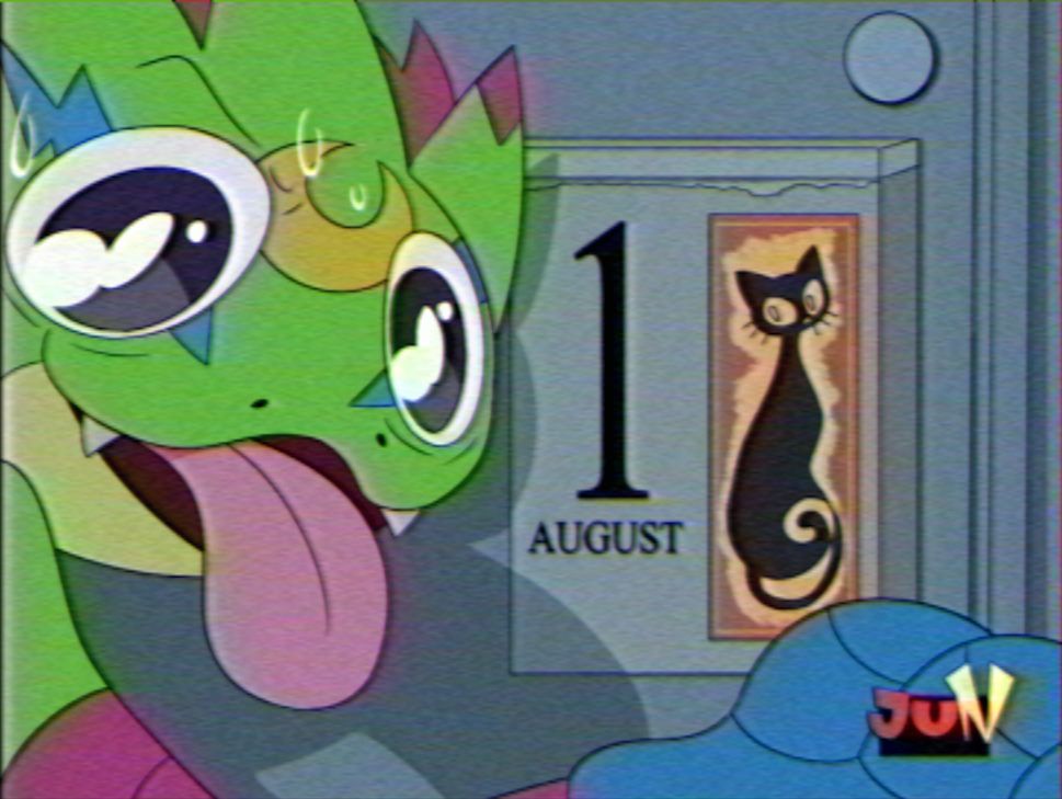 Through a simulated VHS recording filter, I have drawn Gekkomon re-enacting the famous screenshot from Adventure, where Tai says "Today's August 1st!" after checking the fridge's calendar.
