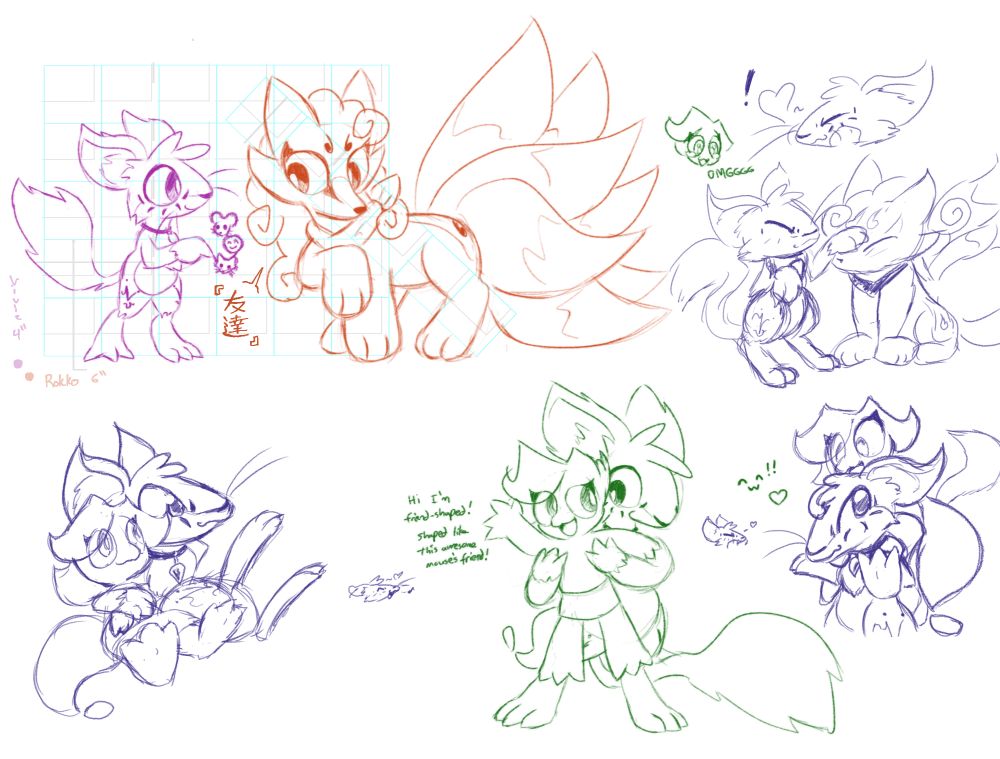 Sketches from Drawpile. [1]Rokko, using a couple of grids, drew herself & Vivie to scale. Vivie is 4 inches tall, measured vertically, Rokko is 6 inches tall, measured hindpaw to ear (roughly diagonally, given she is quadruped). Vivie draws "[mouse][smiley face][fox]" while Rokko says 『友達』("friend"). [2]In response fo Rokko's drawing, Vivie goes "[heart]" and headpats Rokko, who graciously accepts the pets!(drawn by dAVe) [2a]Headshot of me, plushing with starry eyes, saying "OMGGGG" at the friendship moment.(drawn by me). [3]Vivie gives me (slimegirl Jun) a ride on its shoulders! We're both having fun!(drawn by dAVe) [3a]Side sketches, of me "^w^!! [heart]" & Vivie headshot, happy! "[heart]" [4]I'm being picked up by Vivie! Lifted up by the arms, held like a plush doll! I wave and say "Hi, I'm friend-shaped! Shaped like this awesome mouse's friend!"(drawn by me) [5]Me & Vivie, hanging out, paws out~ Friendly chilling, yay!(drawn by dAVe)