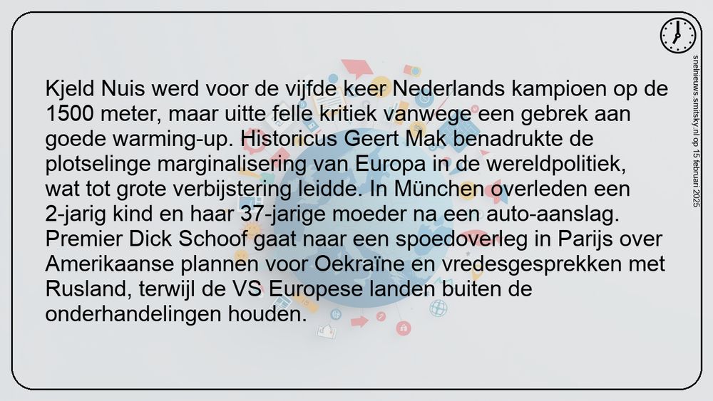 
Kjeld Nuis werd voor de vijfde keer Nederlands kampioen op de 1500 meter, maar uitte felle kritiek vanwege een gebrek aan goede warming-up. Historicus Geert Mak benadrukte de plotselinge marginalisering van Europa in de wereldpolitiek, wat tot grote...