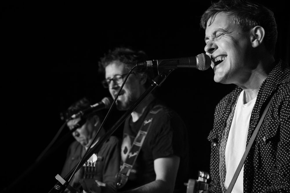 Black and white photo of The Dreaming Spires on stage
