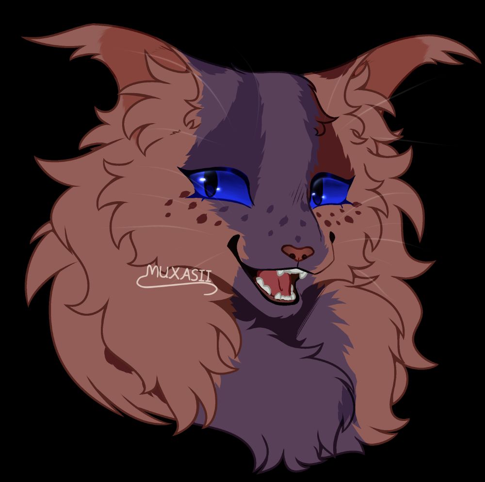 A headshot drawing of a grinning orange-and-purple cat with deep blue eyes