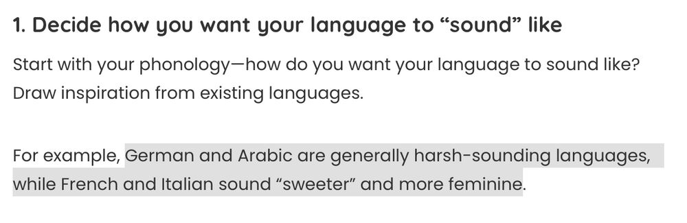 Capture d'écran d'un site aidant à la création de langues artificielles, qui annonce que "German and Arabic are generally harsh-sounding languages, while French and Italian sound “sweeter” and more feminine." 