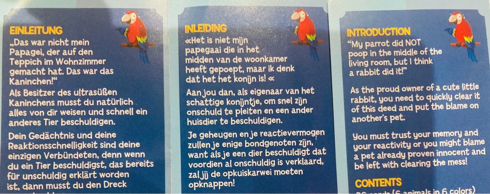 La règle d’un jeu de société pour enfants, en néerlandais, en allemand et en anglais.