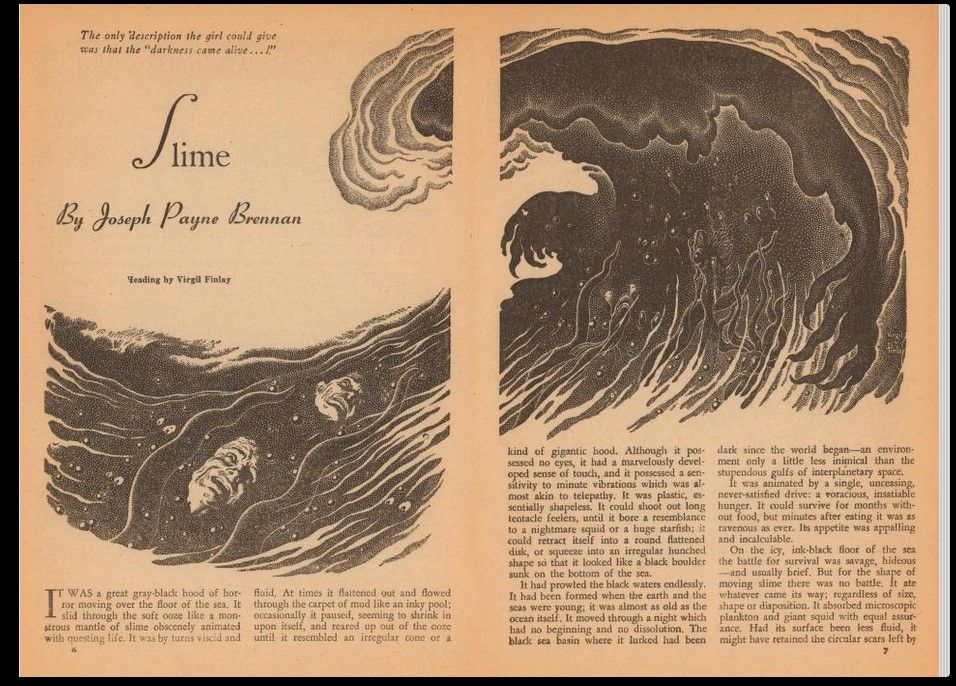 Magazine illustration for the story Slime by Joseph Payne Brennan, black and white showing a sinister wave swallowing up some people 