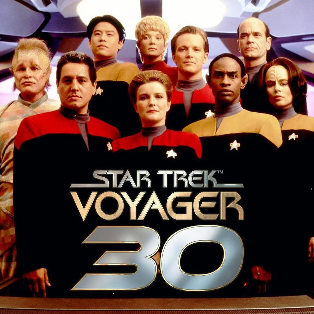 The cast of Star Trek Voyager with the logo and the number 30 representing 30 years. 